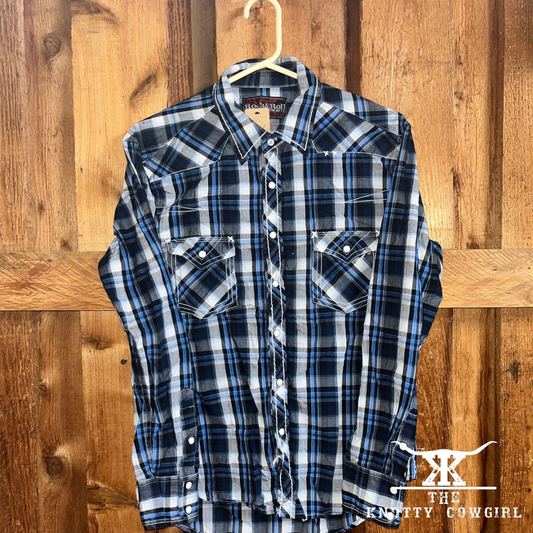 Sz Med Rock n Roll Cowboy Bl/Blk/Wht Plaid L/S S/U Western Shirt