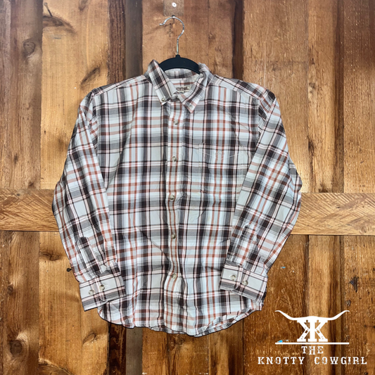 Sz M Boys Resistol Brown Plaid L/S B/U Western Shirt