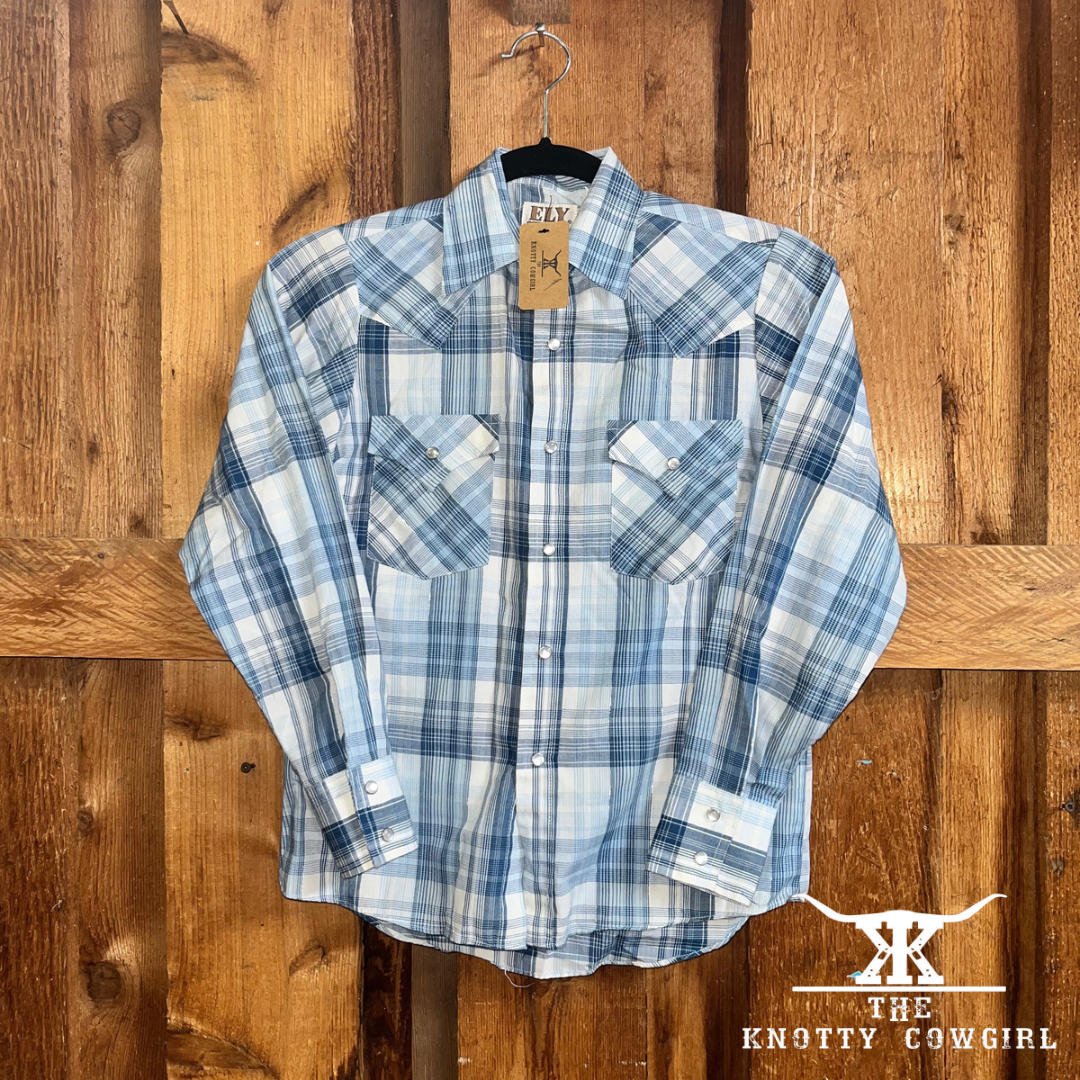 Sz M Boys Cattleman Bl/Wht Plaid L/S S/U Western Shirt