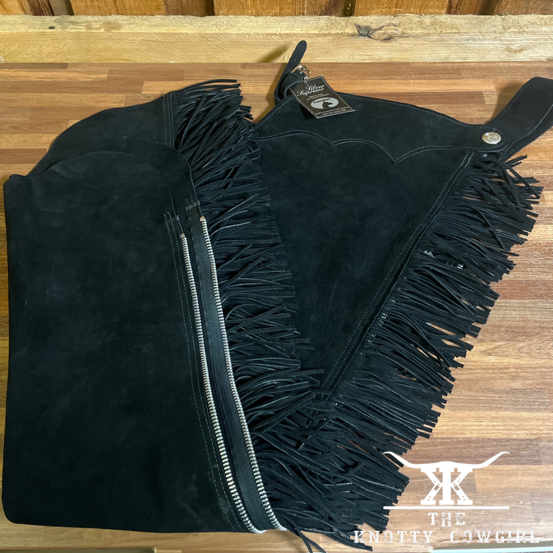 Sz Lrg Cavalier Blk  Suede Fringe Western Chaps