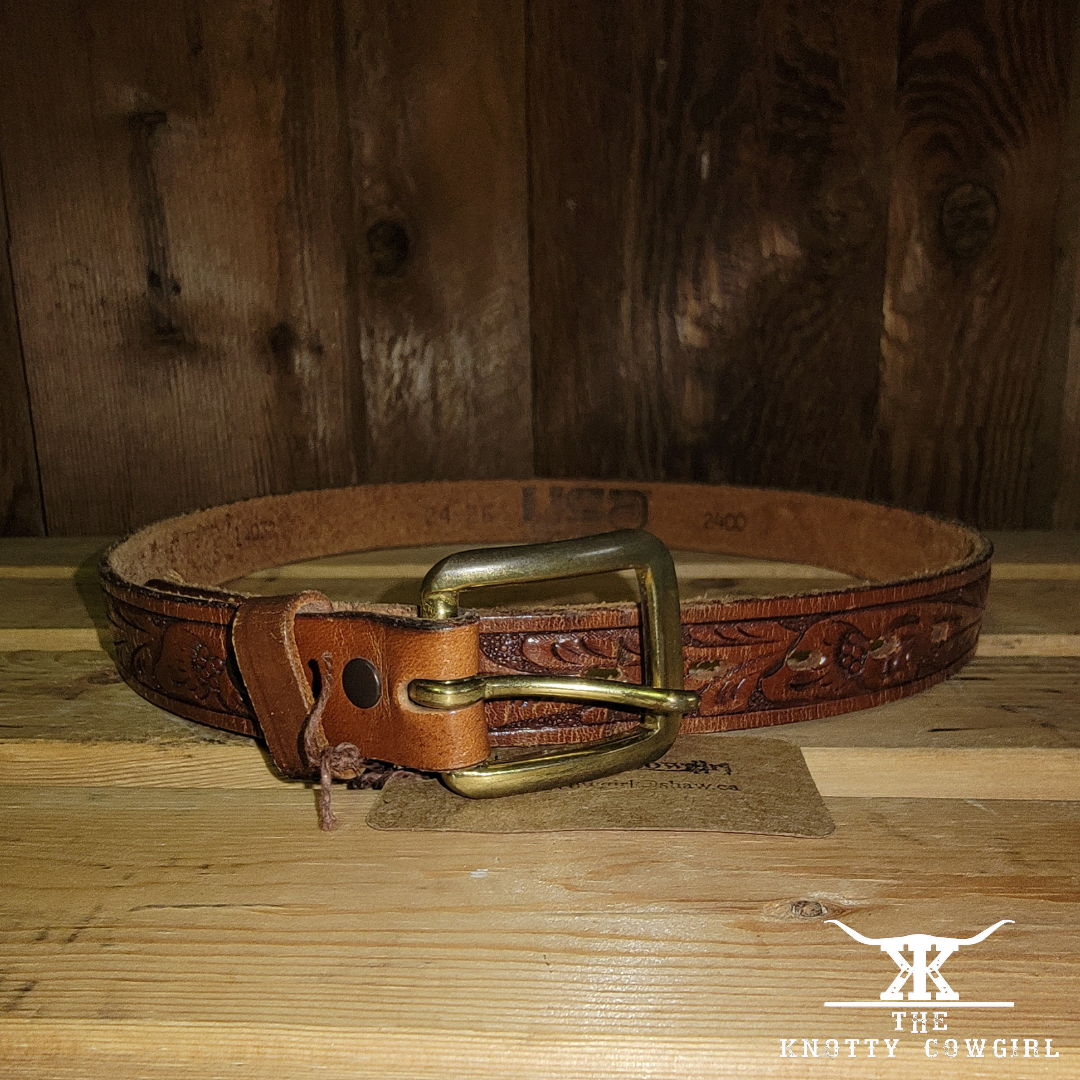 Sz 24/26 Brown USA  Leather Tooled Belt