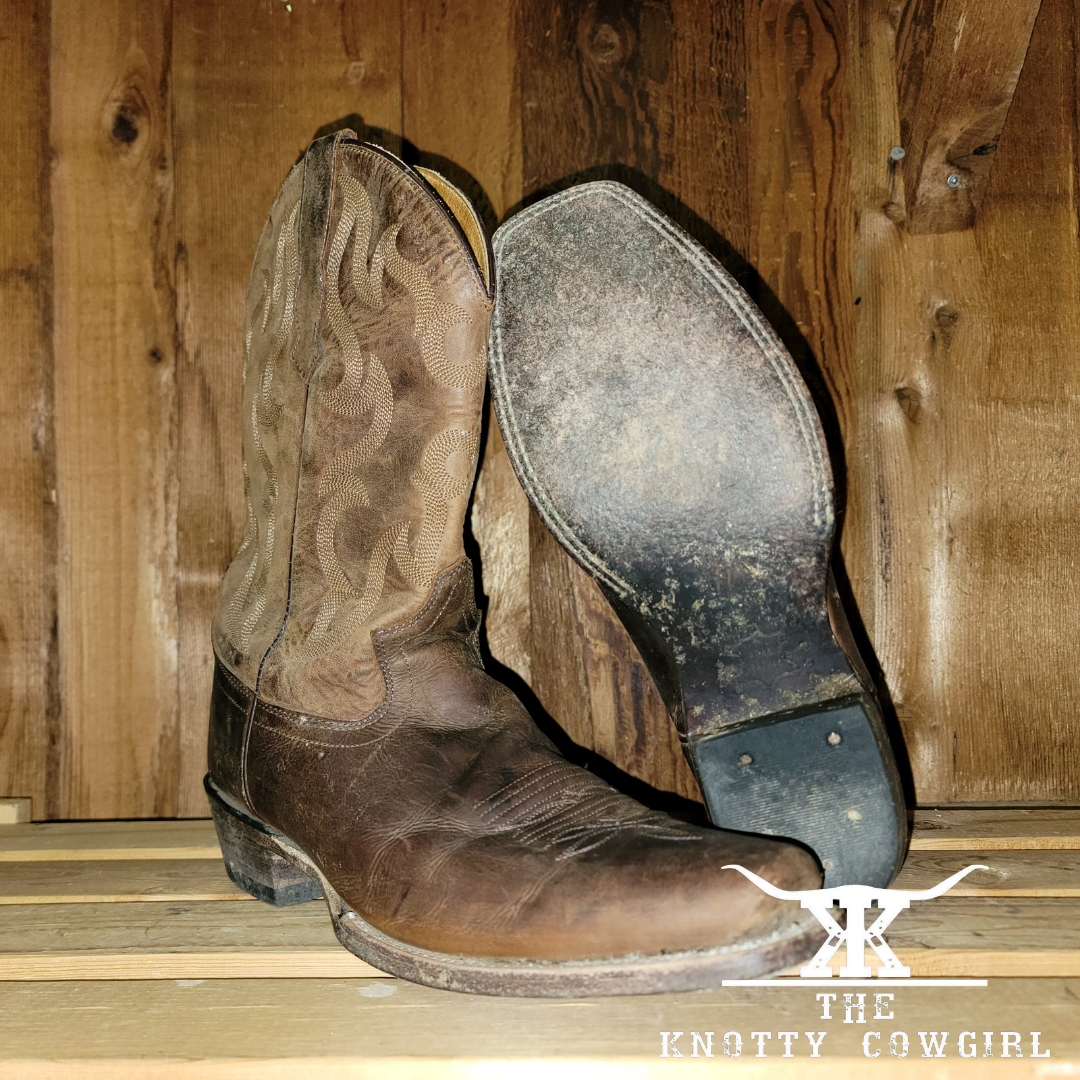 Sz 9.5 EE Old West Brown Square Toe Cowboy Boots